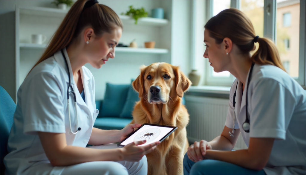 Un veterinario explicando una historia clínica al dueño de un perro]
